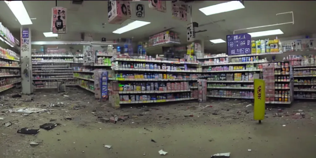 Prompt: abandoned replicant factory in a convenience store, damaged camcorder video