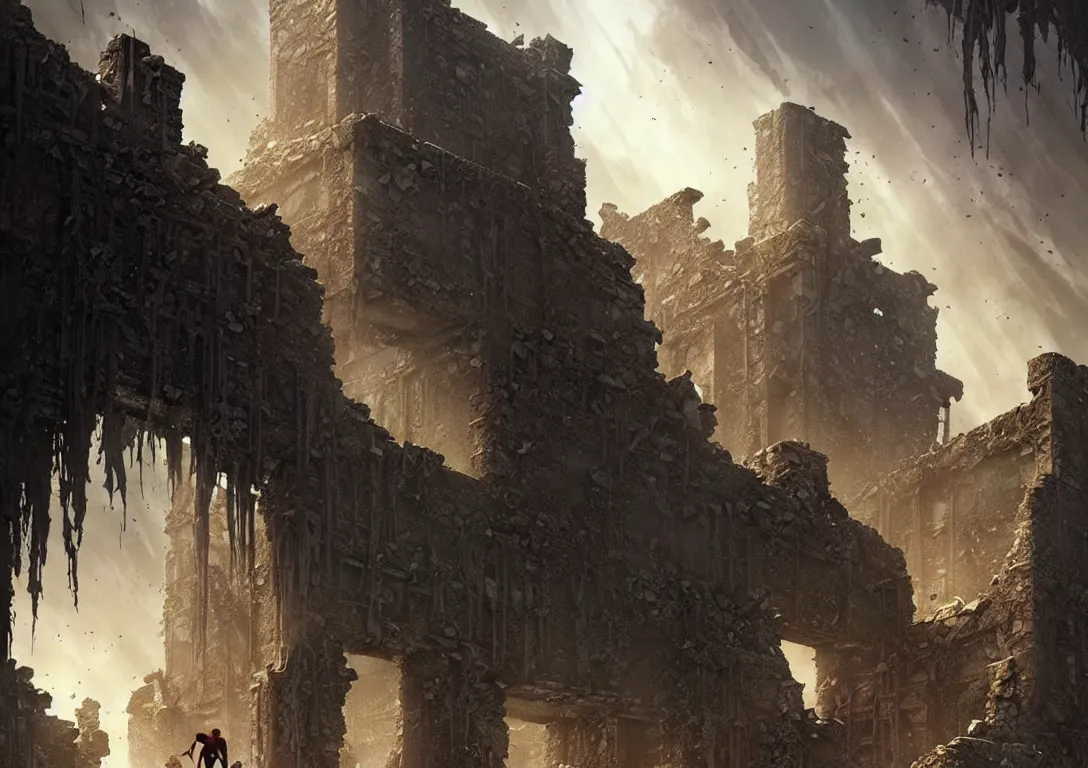 Image similar to lost traveller is exploring lost ruins, close - up on the traveller, there are ruins of ancient civilization!!!, ultra high definition, ultra detailed, symmetry, sci - fi, dark fantasy, in style of heavy metal comic, dark and horror style, metal by greg rutkowski and ross tran