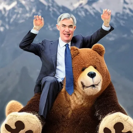 Prompt: photo of jerome powell riding on top of a bear, epic pose