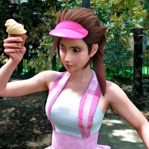 Image similar to Aerith Gainsborough from Final Fantasy VII Remake eating an ice cream cone