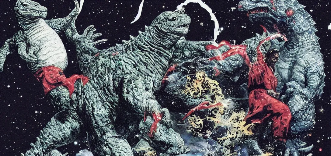 Image similar to 2pac fighting godzilla in space