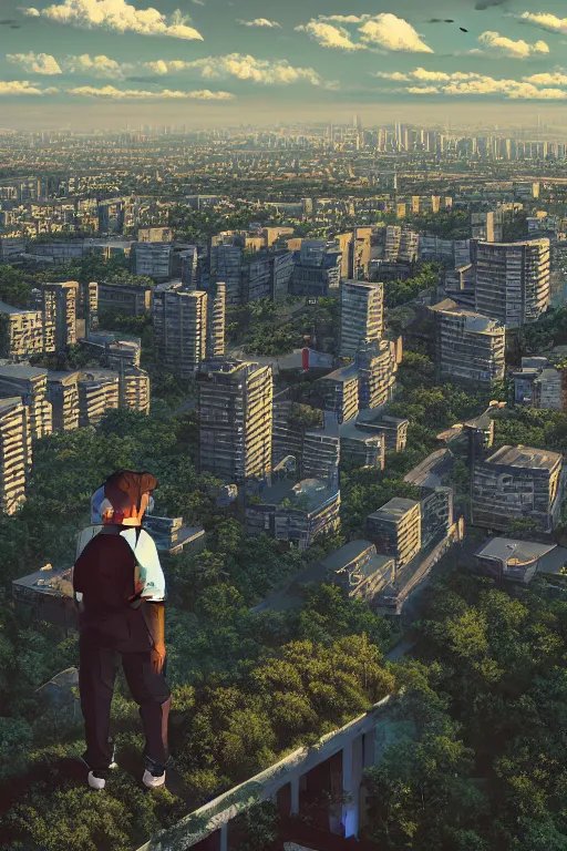 Image similar to Man in black adidas tracksuit looking atop of a urban plateau filled with soviet apartment buildings, golden hour, dreamy, beautiful clouds, ultra detailed beautiful lighting, 4k, wallpaper, russian cityscape, beautiful artwork by Makoto Shinkai