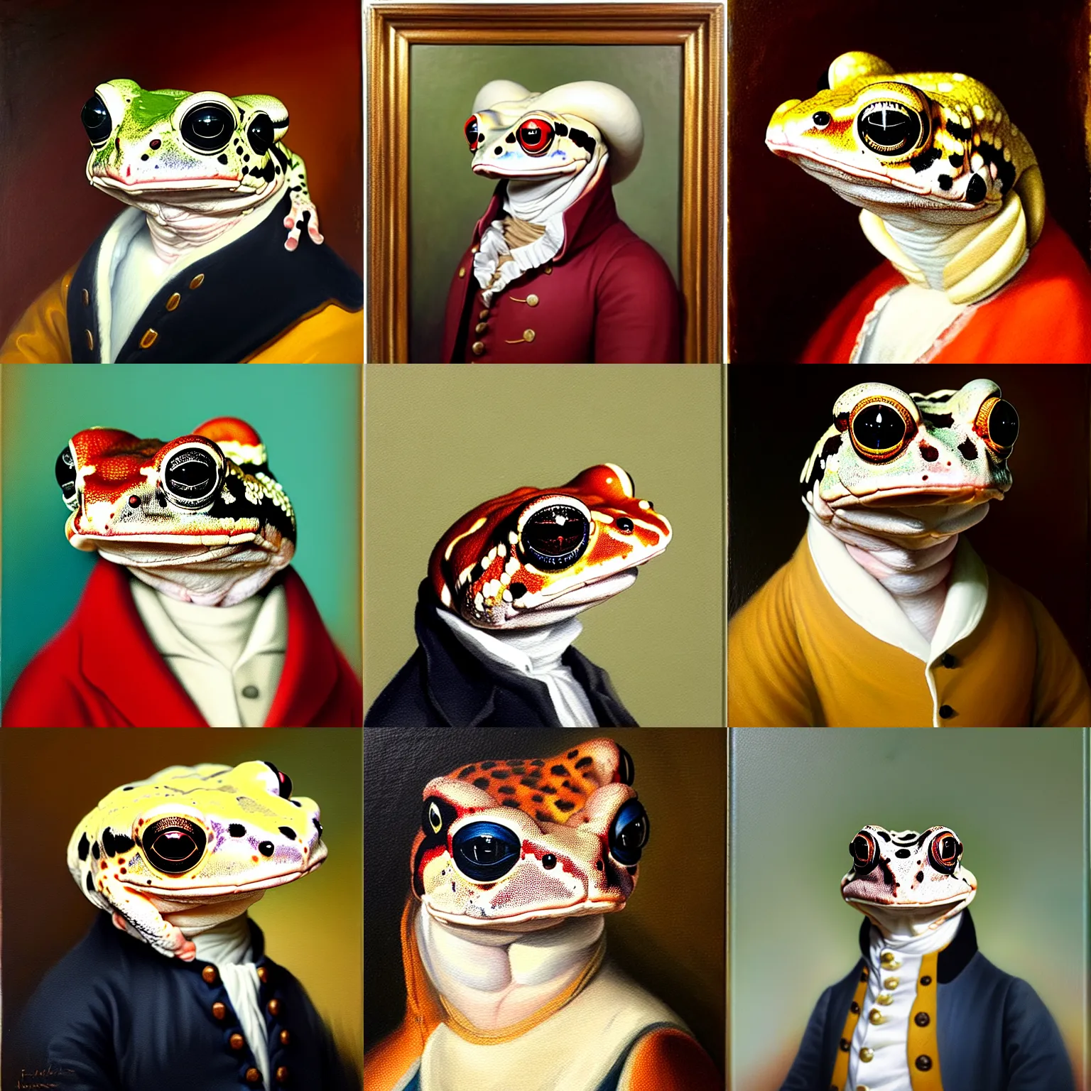 Image similar to a head and shoulders portrait painting of an anthropomorphic!!!!!!!!!! amazon milk frog!!!!!!!!!! wearing a colonial outfit without a hat looking off camera, a character portrait, romanticism, oil on canvas, visible brushstrokes, intense color