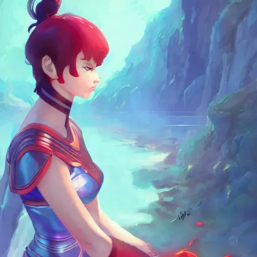 Prompt: long shot fantasy woman in armor looking her reflection in water girl miss attractive eye catching official fanart behance hd artstation, mystic, by Rossdraws and Jesper Ejsing, by Makoto Shinkai and Lois van baarle, ilya kuvshinov