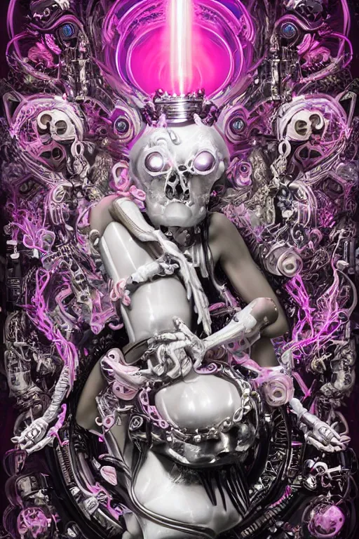 Image similar to full-body rococo and cyberpunk style neon statue of a young attractive portugues macho dotado e rico android sim roupa reclining con piroca dura, glowing white laser eyes, prince crown of pink gears, diamonds, swirling silver-colored silk fabric. futuristic elements. full-length view. space robots. human skulls. intricate artwork by caravaggio. Trending on artstation, octane render, cinematic lighting from the right, hyper realism, octane render, 8k, depth of field, 3D