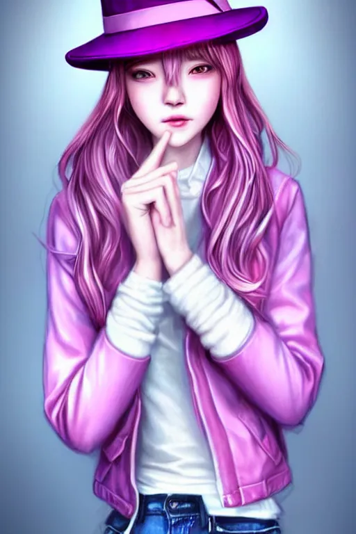 Prompt: gorgeous!!! hyper - realistic teenager girl with pink hair, light pink fedora hat and light pink jacket, with purple gloves, blue jeans and white shoes | drawn by wlop, drawn by jeehyung lee, drawn by artgerm | intricate, highly detailed, digital painting, character design, concept art, illustration, artstation