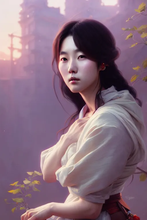 Image similar to beautiful digital painting of lee jin - eun gray background with high detail, 8 k, stunning detail, photo by artgerm, greg rutkowski and alphonse mucha, unreal engine 5, 4 k uhd