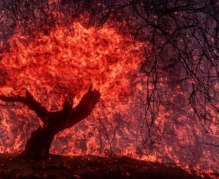 Image similar to 4 k hd, high detail photograph of blossoming tree surrounded by fire, shot with sigma f / 4. 2, 2 5 0 mm sharp lens, wide shot, consistent, volumetric lighting, high level texture render