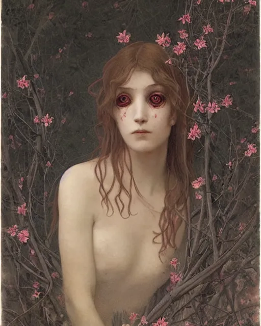 Image similar to a beautiful but sinister and creepy woman in layers of fear, with haunted eyes, violence in her eyes, 1 9 7 0 s, seventies, delicate embellishments, a little blood, woodland, moonlight shining on wildflowers, painterly, offset printing technique, by alexandre cabanel