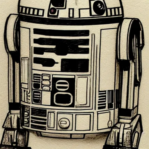 Image similar to a pencil sketch of the droid r 2 d 2 by leonardo davinci, star wars, droid, machine, sketch, da vinci, old masters, paper,