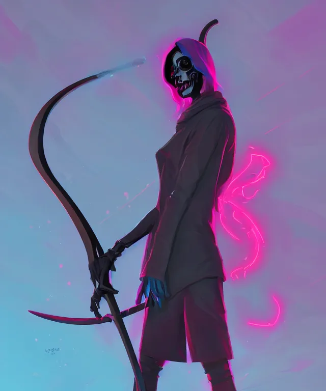 Image similar to a portrait of a neon grim reaper holding a scythe, fantasy, elegant, digital painting, artstation, concept art, matte, sharp focus, illustration, art by josan gonzalez