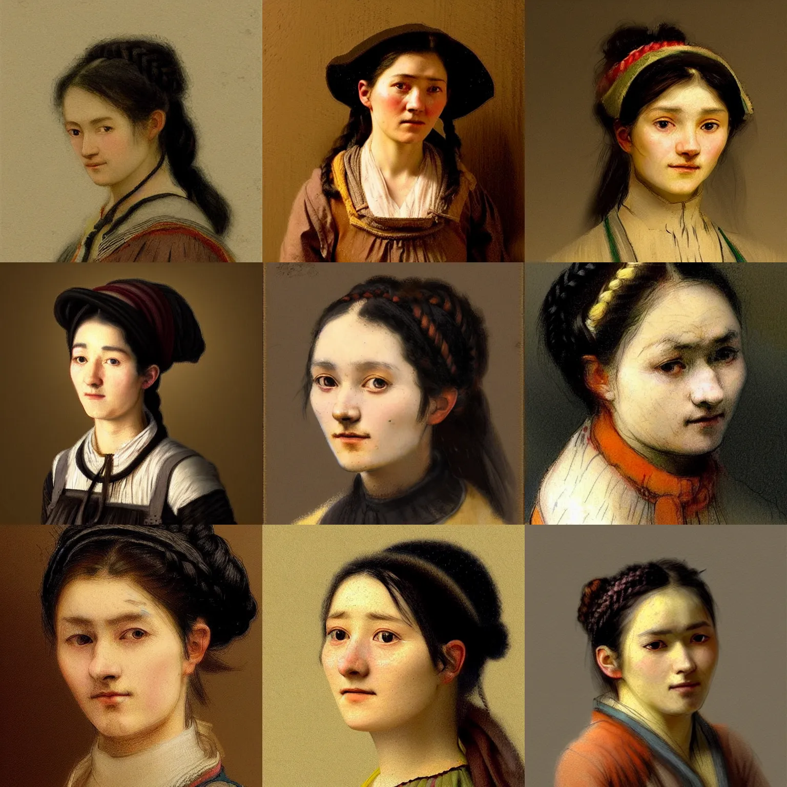 Prompt: a profil of sadly smiling black haired, young hungarian peasant woman from the 19th century who looks very similar to Lee Young Ae with a hair braid, detailed, pastelcolours, concept art by Rembrandt and Csók István