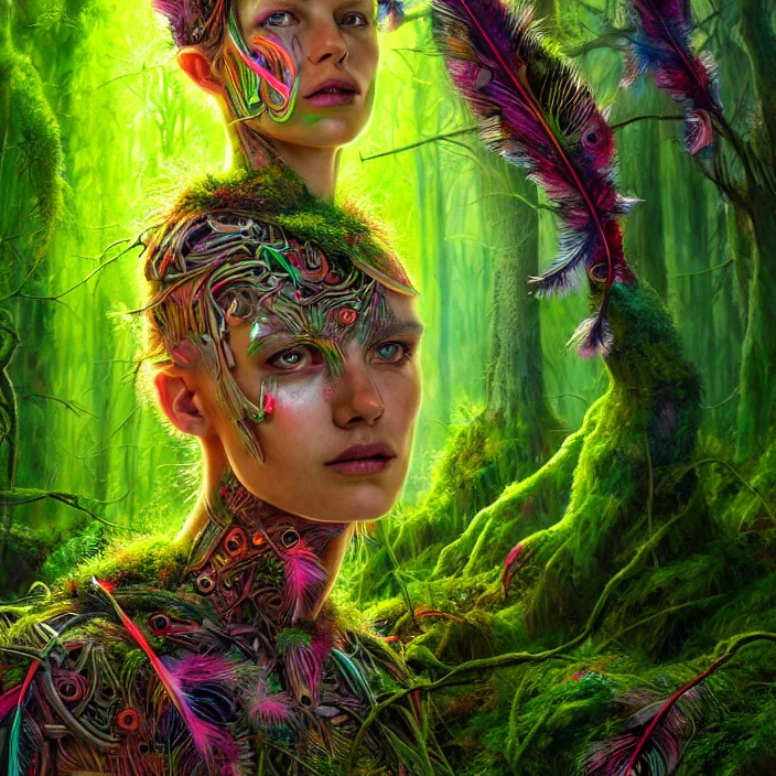 Image similar to bright psychedelic portrait of organic cyborg covered in moss and feathers in an ancient forest, diffuse lighting, fantasy, intricate, elegant, highly detailed, lifelike, photorealistic, digital painting, artstation, illustration, concept art, smooth, sharp focus, art by John Collier and Albert Aublet and Krenz Cushart and Artem Demura and Alphonse Mucha