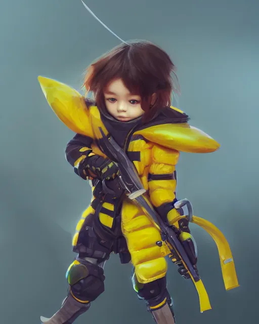 Image similar to a tiny combat kid wearing a puffy yellow jacket and a katana, smooth, intricate, elegant, digital painting, artstation, concept art, sharp focus, octane render, illustration, art by ayami kojima, overwatch character,