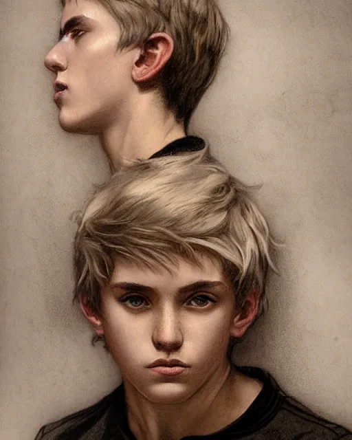 Image similar to portrait a 1 5 - year - old boy, with slender, sleek white - blond hair, cold grey eyes, a pale complexion with sharp and pointed features, wearing black clothes, hyper realistic face, beautiful eyes, close up, fantasy art, in the style of greg rutkowski, intricate, alphonse mucha, hyper detailed, smooth