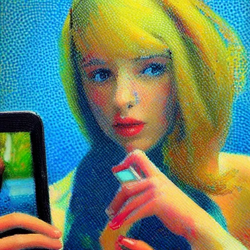 Image similar to a vivid modern impressionist painting of a beautiful woman with a smartphone, oil on canvas, pointillism, trending on artstation