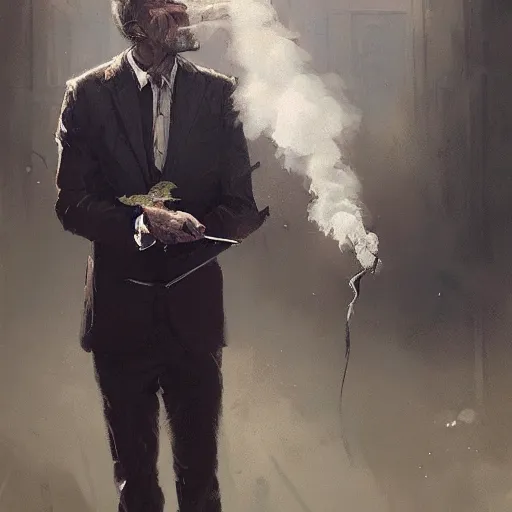 Prompt: man smoking at a funeral geog darrow greg rutkowski