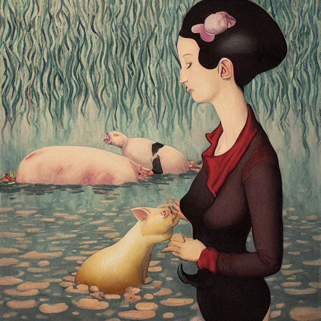 Image similar to tall female emo artist holding a pig in her flooded bathroom, mushrooms, octopus, water gushing from ceiling, painting of flood waters inside an artist's bathroom, a river flooding indoors, pomegranates, pigs, ikebana, zen, river, rapids, waterfall, black swans, canoe, berries, acrylic on canvas, surrealist, by magritte and monet