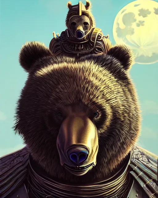 Image similar to highly detailed surreal vfx portrait of a metallic chromatic samurai bear in front of a full moon, stephen bliss, unreal engine, greg rutkowski, loish, rhads, beeple, makoto shinkai and lois van baarle, ilya kuvshinov, rossdraws, tom bagshaw, alphonse mucha, global illumination, detailed and intricate environment