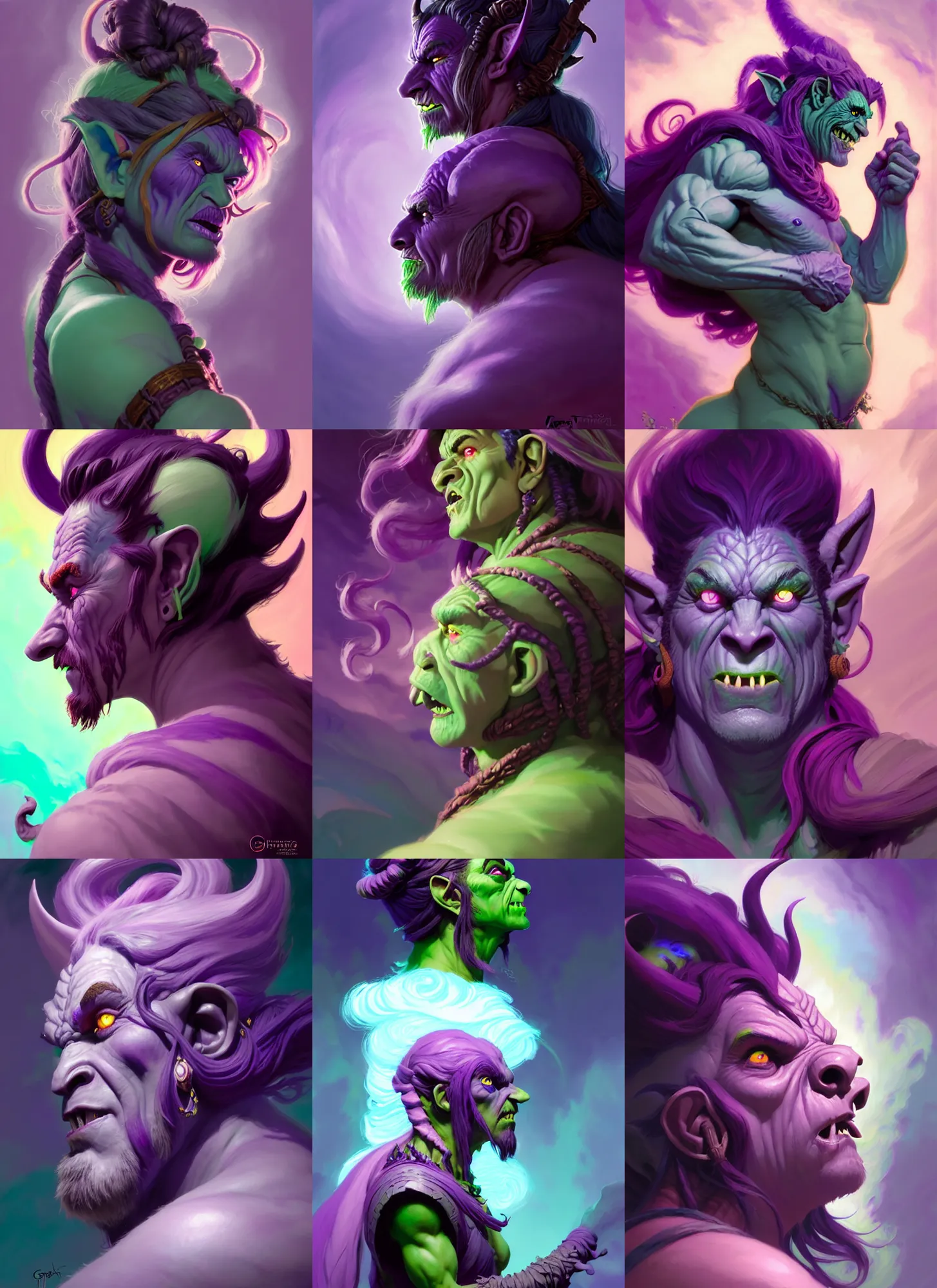 Prompt: side portrait, orc troll druid, purple skin, gloomhaven, luminescent, colorful swirly magic ripples, pastel colors, by greg manchess, huang guangjian, gil elvgren, sachin teng, greg rutkowski, jesper ejsing, ilya kuvshinov