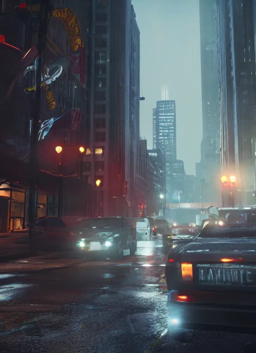 Image similar to watch dogs game, chicago city rainy detailed, soft lighting