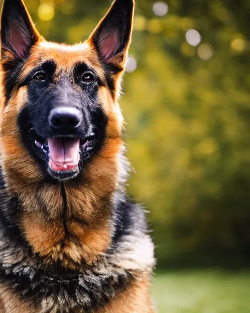 Prompt: An extremely wholesome studio portrait of a happy German Shepherd dog, bokeh, 90mm, f/1.4