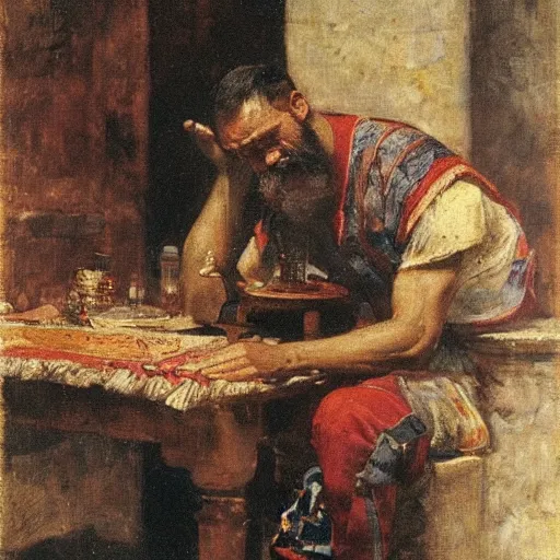 Image similar to Ferdinand Magellan eating cement, oil on canvas, by Juan Luna