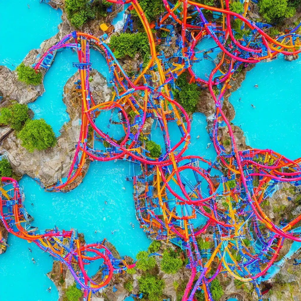 Prompt: colorful rollercoasters over pools of bright blue water, birds eye view