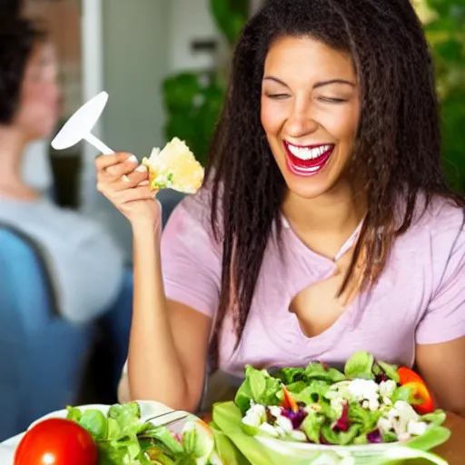 Image similar to Stock photo of woman eating salad with spork and laughing