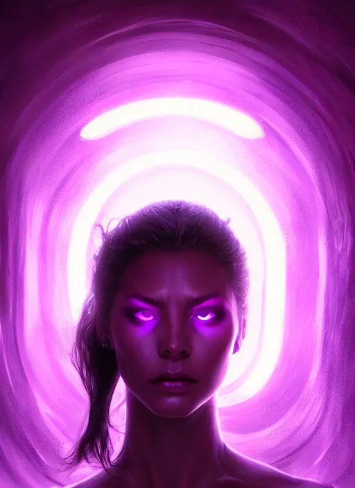 Image similar to top down lighting, extreme close up, stunning portrait of a woman in purple leather future armor with a long black ponytail, purple eye, glowing with void energy, spaceship hallway, intricate, mood lighting, highly detailed, digital painting, artstation, concept art, smooth, sharp focus, illustration, art by wlop, mars ravelo and greg rutkowski