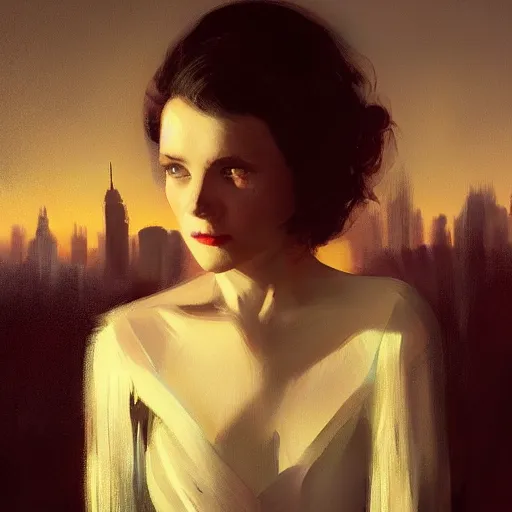 Prompt: portrait of a young vivian leigh, dramatic lighting, city background, night, moon, chiaroscuro, high detail, sharp, painted by greg rutkowski, painted by igor kieryluk, painted by bobby chiu, trending on artstation