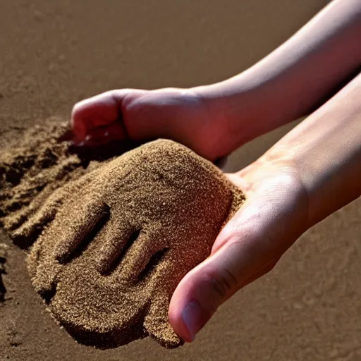 Image similar to a pair of hands holding a face made of sand