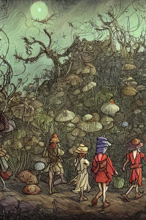 Prompt: group of mushroomfolk merchant nomads walking through a psychedelic landscape, in the style of Greg Broadmore and Arthur Rackham and Moebius, trending on artstation, light lighting side view,digital art,surrealism ,macro,blueprint ,vaporwave ,