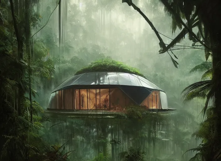 Prompt: a beautiful painting the insides of a geodesic house in a moist tropical rainforest, by greg rutkowski, realism, artstation, nature