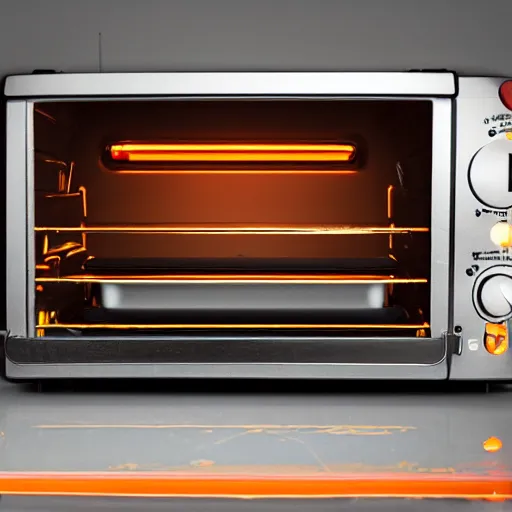 Image similar to toaster oven suspended by lots of metallic cables, symmetry, dark messy smoke - filled cluttered workshop, dark, dramatic lighting, orange tint, sparks, cinematic, highly detailed, sci - fi, futuristic, movie still
