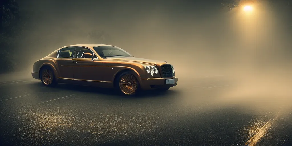 Prompt: parked Bentley Mark Iv, fog, rain, volumetric lighting, beautiful, golden hour, sharp focus, highly detailed, cgsociety