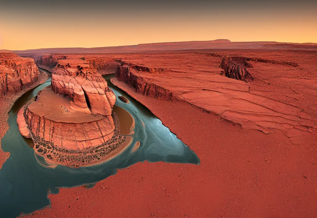 Prompt: a river bend running through a canyon surrounded by desert mountains at sunset on mars, planet mars, moab, utah, ground - level, a tilt shift photo by frederic church, trending on unsplash, hudson river school, photo taken with provia, national geographic photo