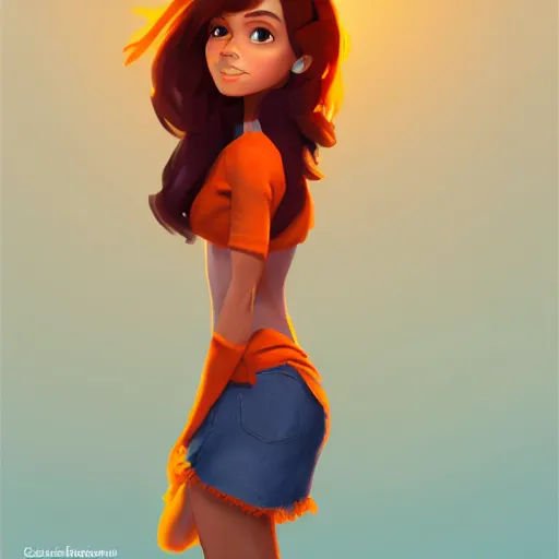 Image similar to upper body illustration of a beautiful latin girl, brown skin, orange hair, small waist, she wears a pretty miniskirt, mattepainting concept blizzard pixar maya engine on stylized background splash comics global illumination lighting artstation, sharp focus, epic, elegant greg rutkowski