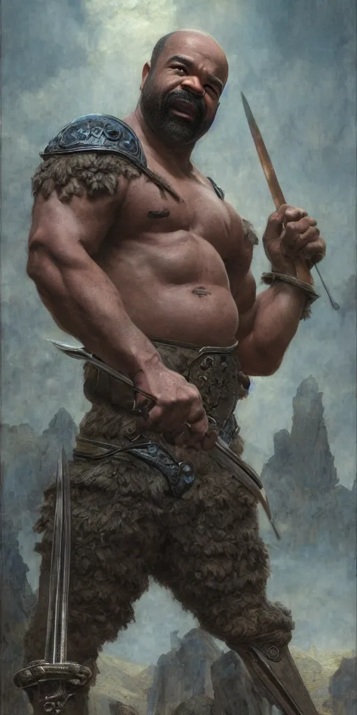 Image similar to jeffrey wright, blacksmith, huge and very muscular, hammer, dungeons and dragons, masterpiece by edgar maxence and ross tran and michael whelan, gustav dore, 8 k, octane render