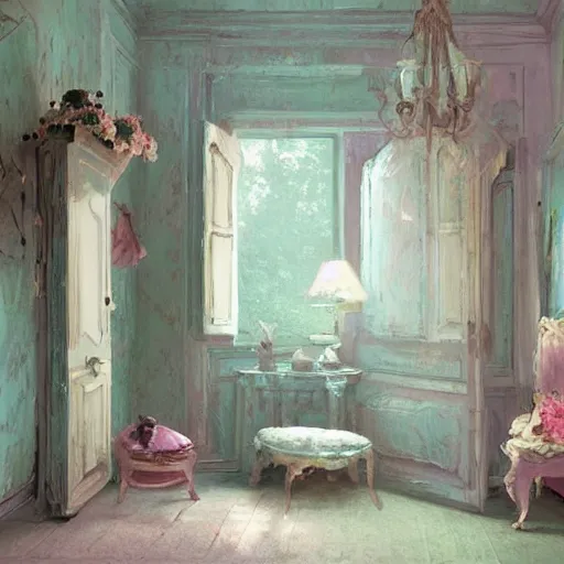 Image similar to beautiful digital matte painting of a whimsical botanical shabby chic dressing room by greg rutkowski and edward hopper, artstation, behance hd - 7 6 8