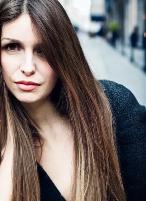 Prompt: portrait of beautiful 30-years-old French woman, with long, straight hair, well-groomed model, with lovely look, candid street portrait in the style of Martin Schoeller award winning, Sony a7R