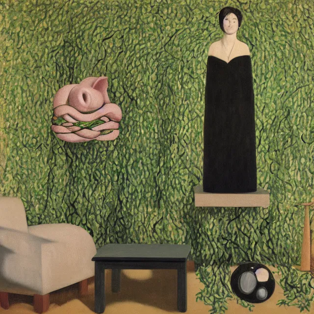 Image similar to a pathology student in her apartment, wrapped in vines, large stones, pig, black walls, ikebana, black armchair, puddles, moss, acrylic on canvas, surrealist, by magritte and monet