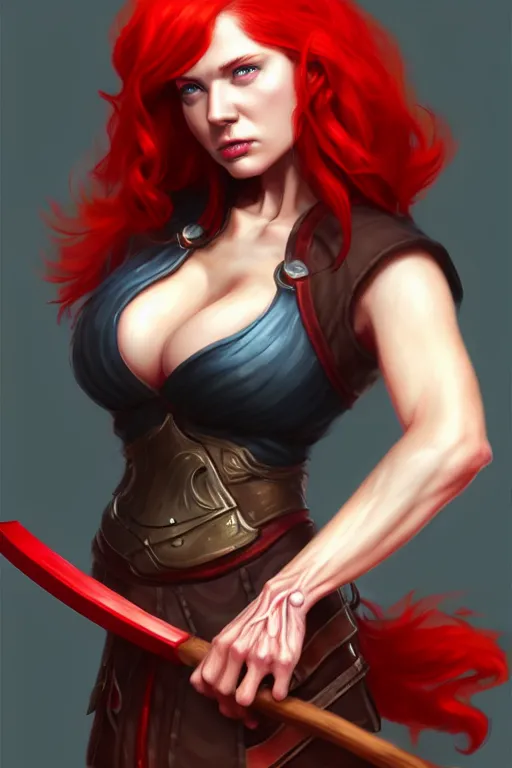 Image similar to a woman with red hair holding two large axes, concept art by senior character artist, true anatomy, extremely beautiful face, extremely detailed face, artstation contest winner, fantasy art, concept art, artstation hd, 2 d game art