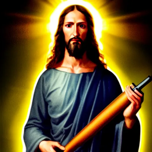 Prompt: uhd candid photo of cosmic jesus h. christ with a riot shotgun, glowing, global illumination, studio lighting, radiant light, hyperdetailed, correct faces, elaborate intricate details. photo by annie leibowitz