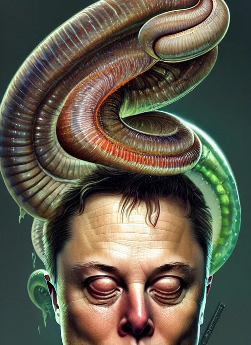 Image similar to elon musk as slimy mollusk, drool, full body, intricate, elegant, highly detailed, digital painting, artstation, concept art, wallpaper, smooth, sharp focus, illustration, art by h. r. giger and artgerm and greg rutkowski and alphonse mucha