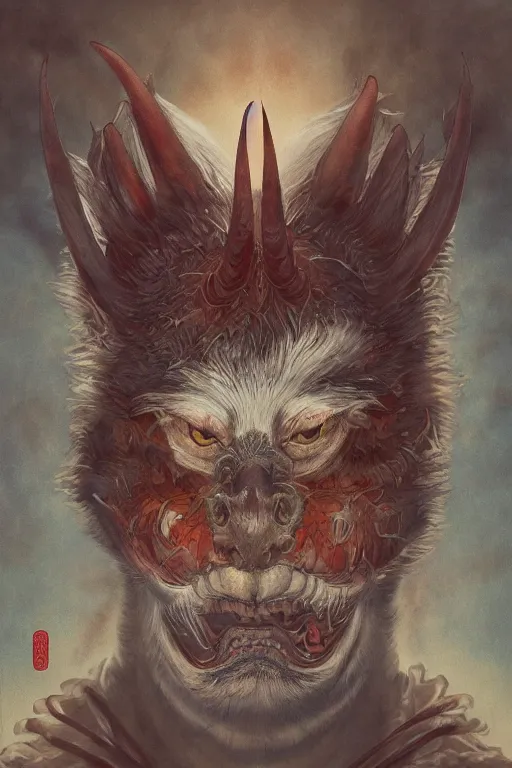 Prompt: a portrait of a japanese devil animal illustrated by miyazaki by karol bak, james jean, tom bagshaw, rococo, sharp focus, trending on artstation, cinematic lighting, hyper realism, octane render, 8 k, hyper detailed, vivid, ultra detailed, highly detailed