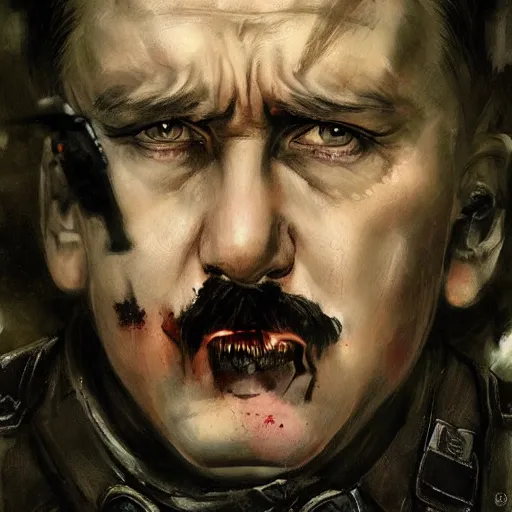 Image similar to adolf hitler satanic spawn of hatred and destruction, colourised, face portrait, epic, military art, fantasy, dieselpunk, hd shot, digital portrait, beautiful, artstation, comic style, by artgerm, guy denning, jakub rozalski, magali villeneuve and charlie bowater