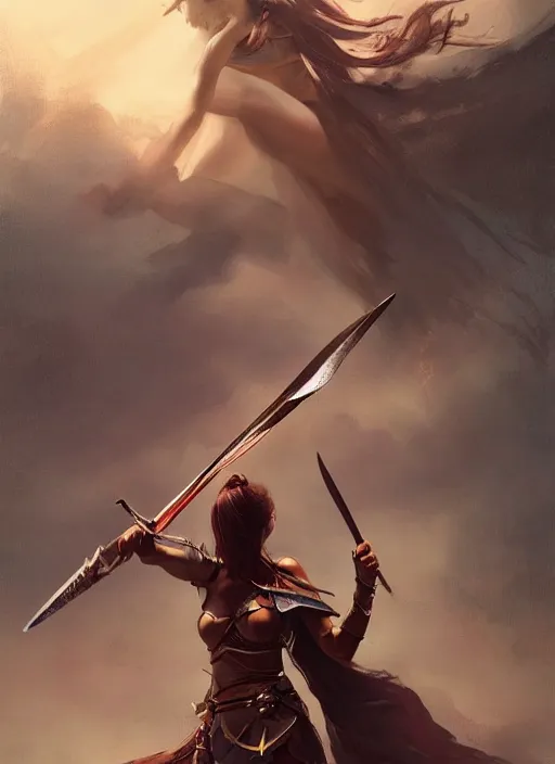 Prompt: hyper realistic photography, warrior girl with sword in her hand, full body, rule of thirds, human proportion, good anatomy, beautiful face, conceptart, saturated colors, cinematic, vallejo, frazetta, greg rutkowski