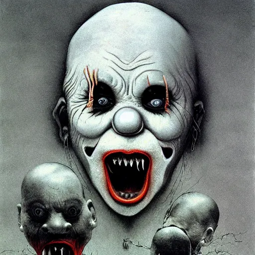 Image similar to Scary clowns eating children, by Zdzisław Beksiński