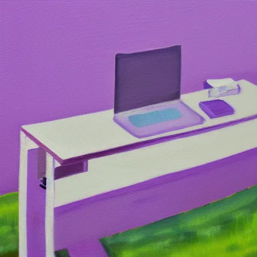 Prompt: realistic painting of a desk on a purple field